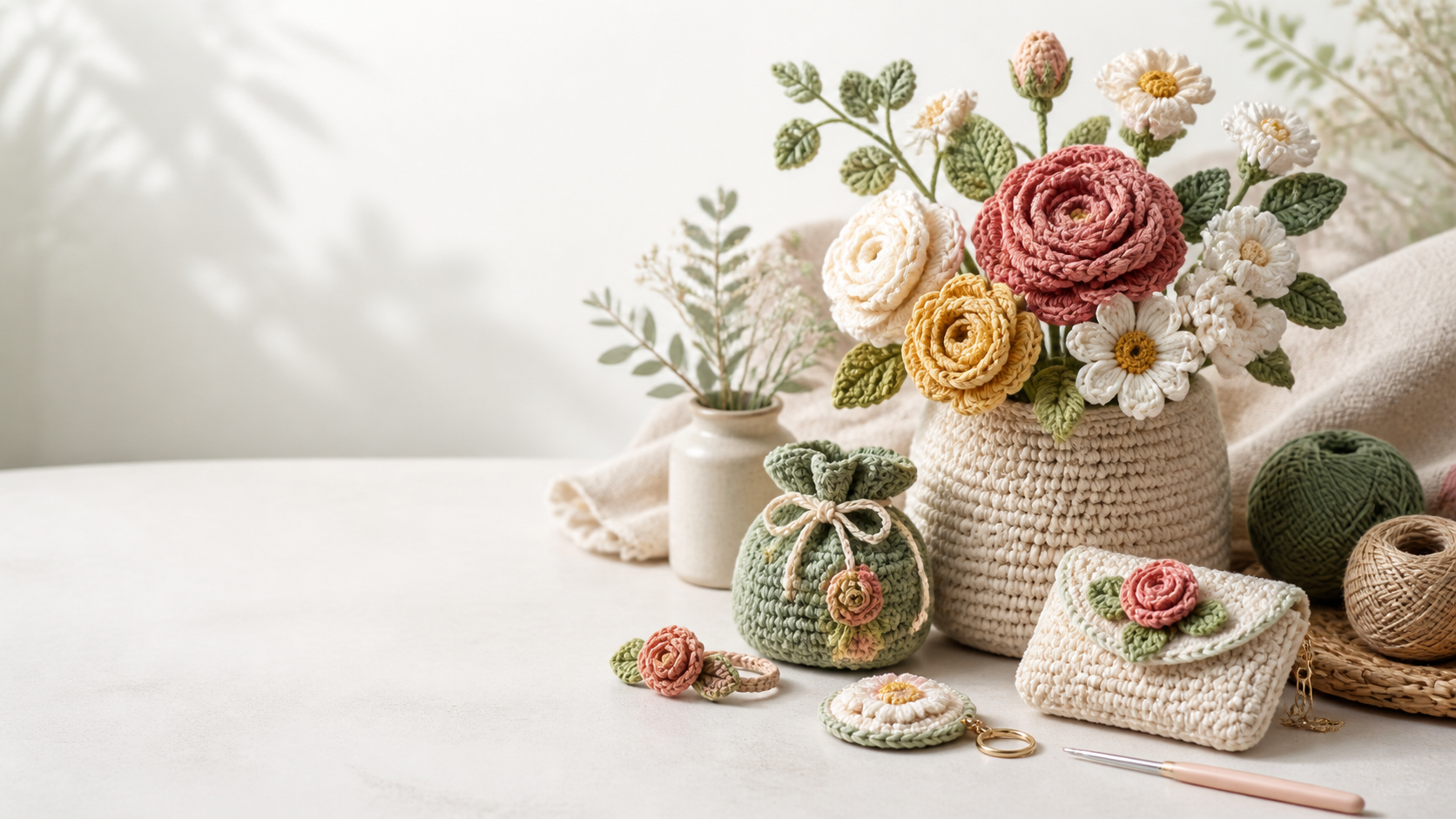 Handgefertigte Häkelblumen und kleine textile Geschenkstücke von JAMES ALFONSO